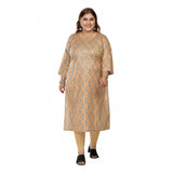 Women's Casual 3/4th Sleeve Golden Foil Printed Pure Cotton Straight Kurti (Light Orange)