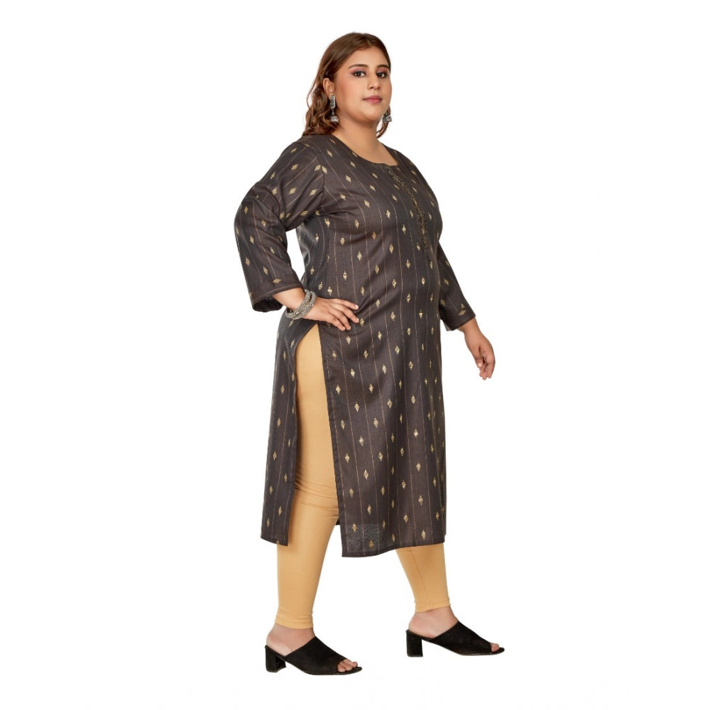 Women's Casual 3/4th Sleeve Golden Embroided Cotton Mix Straight Kurti (Dark Grey)