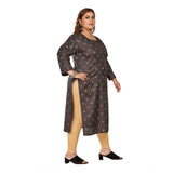Women's Casual 3/4th Sleeve Golden Embroided Cotton Mix Straight Kurti (Dark Grey)