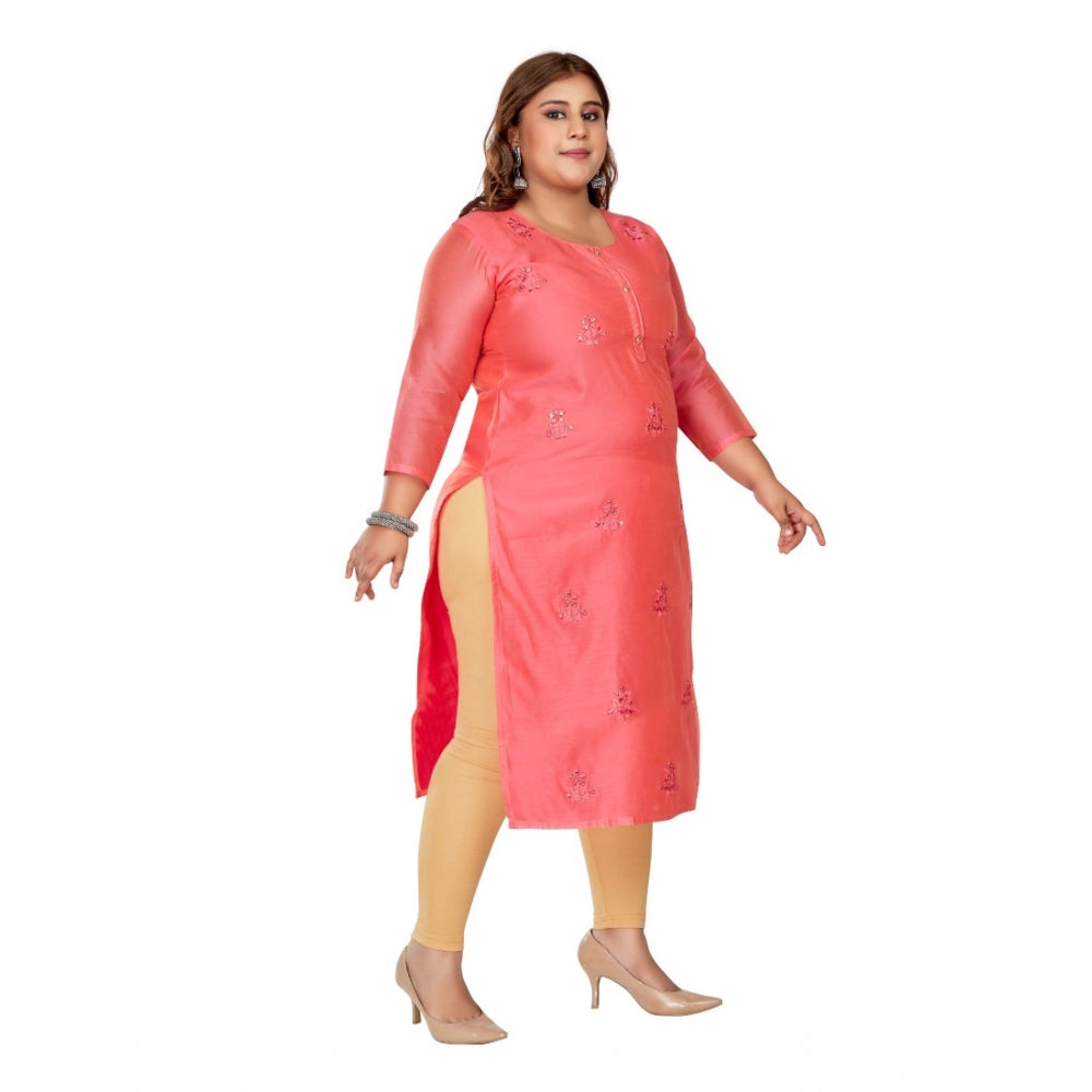Women's Casual 3/4th Sleeve Mirror Embroided Rayon Straight Kurti (Pink)