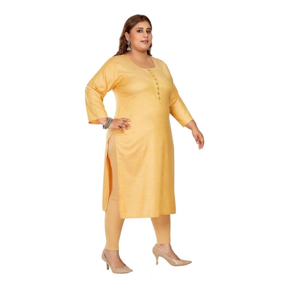 Women's Casual 3/4th Sleeve Mirror Embroided Rayon Straight Kurti (Tan)
