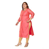 Women's Casual 3/4th Sleeve Mirror Embroided Rayon Straight Kurti (Pink)