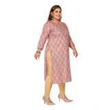 Women's Casual 3/4th Sleeve Golden Foil Printed Pure Cotton Straight Kurti (Corel Pink)