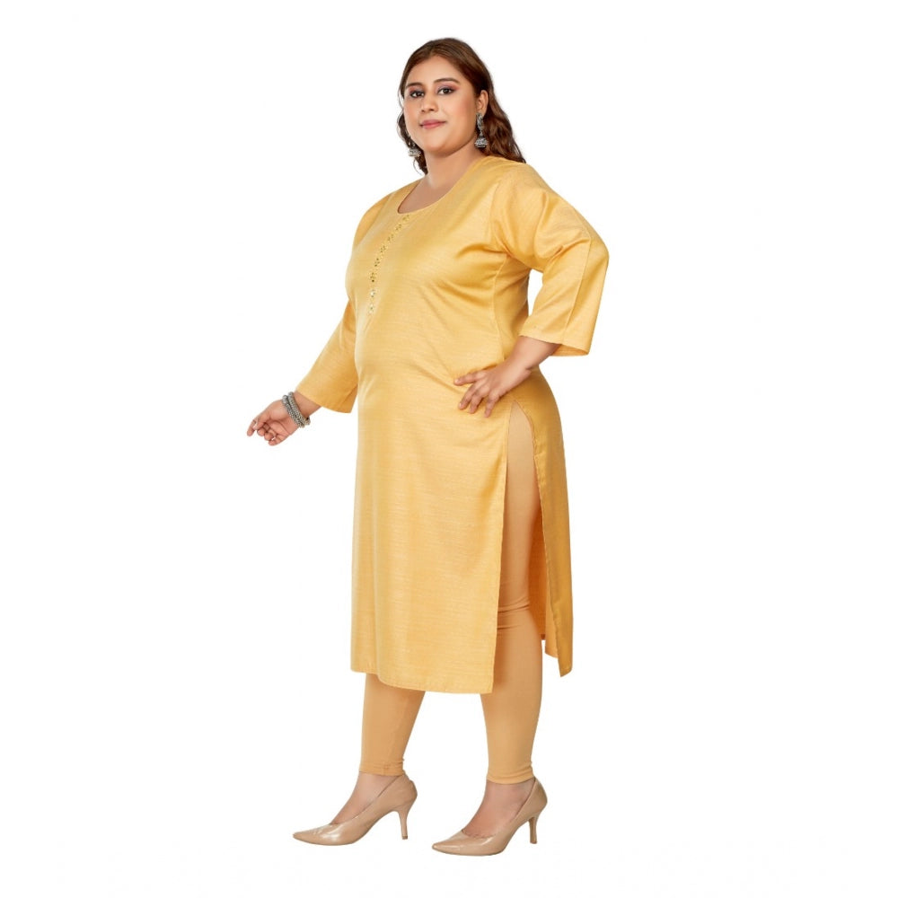 Women's Casual 3/4th Sleeve Mirror Embroided Rayon Straight Kurti (Tan)
