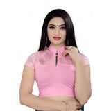 Baby Pink Cotton Lycra Ready-made Blouse - Short sleeve, close neck, hand wash only, fits 30"-40" bust size