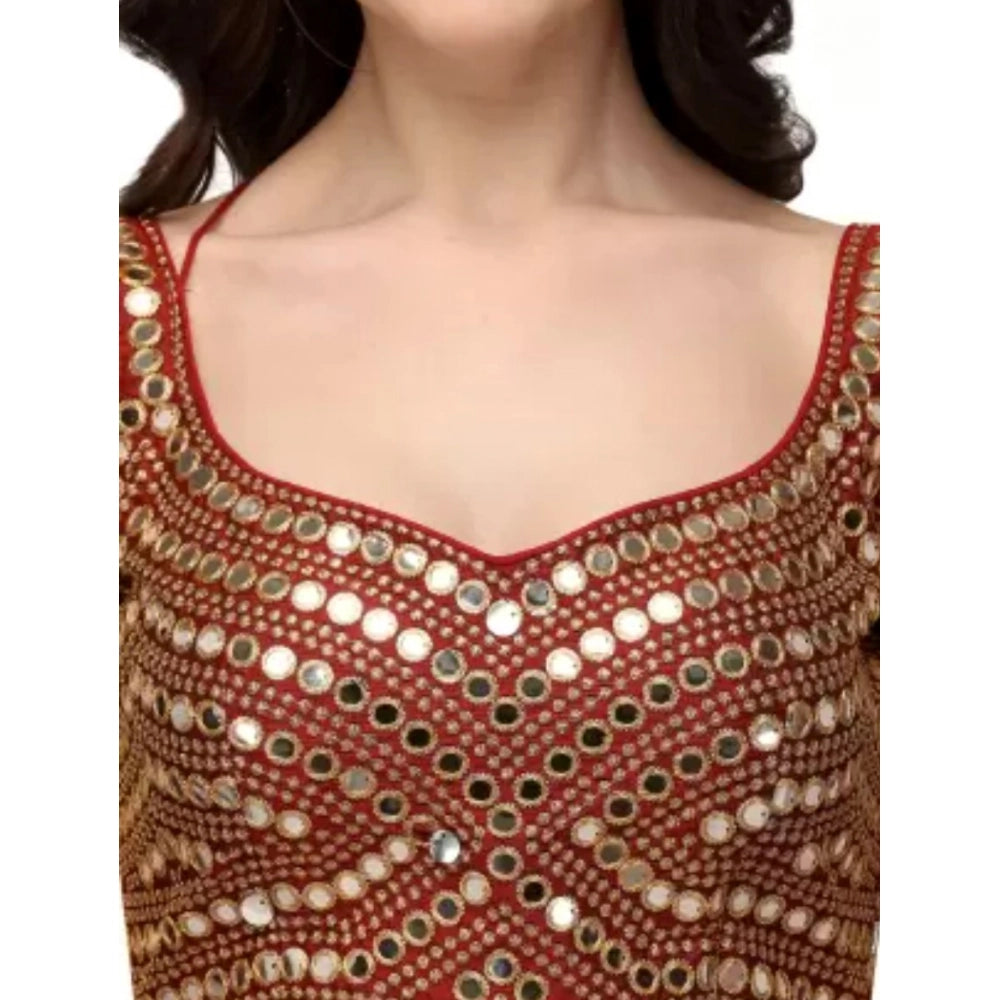 Maroon cotton lycra padded blouse with embroidered sleeves and sweetheart neck, hand wash only for free size 30-40