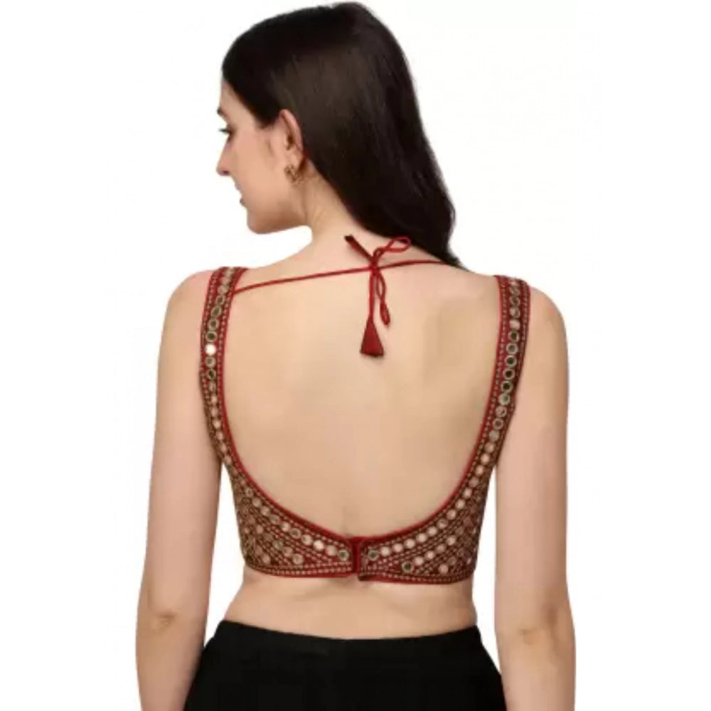 Maroon cotton lycra embroidered padded blouse, sweetheart neck, hand wash only, fits 30"-40" bust size