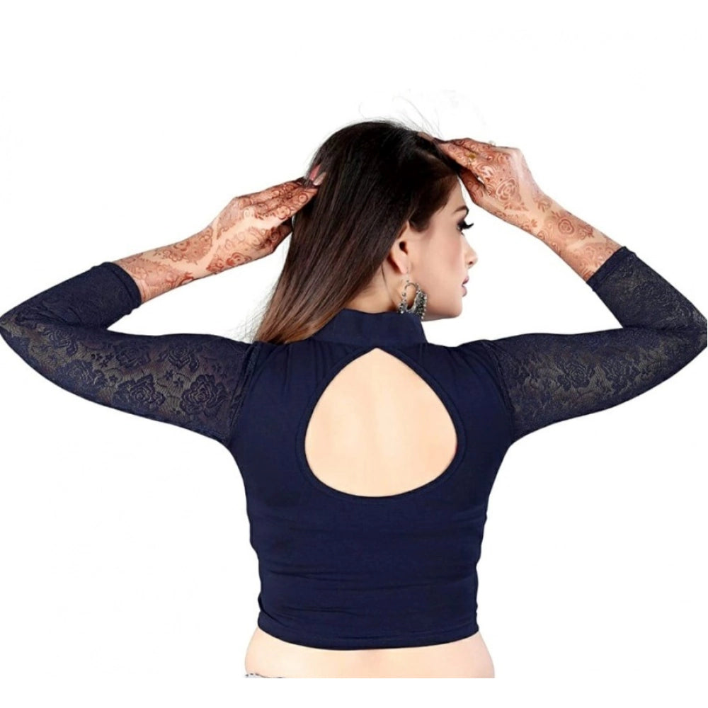 Navy Blue Cotton Lycra Readymade Blouse, women's 3/4 sleeve close-neck blouse for free size, suitable for 30"-40" bust size