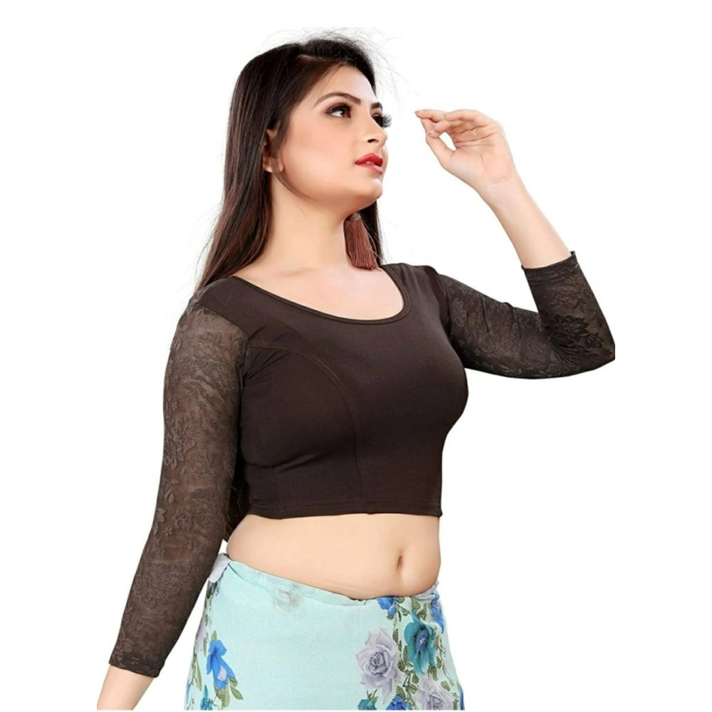 Brown cotton lycra 3/4 sleeve ready-made blouse, free size for women's fashion