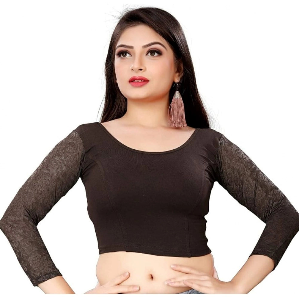 Brown cotton-lycra women's 3/4 sleeve readymade blouse, free size with round neck, hand wash only