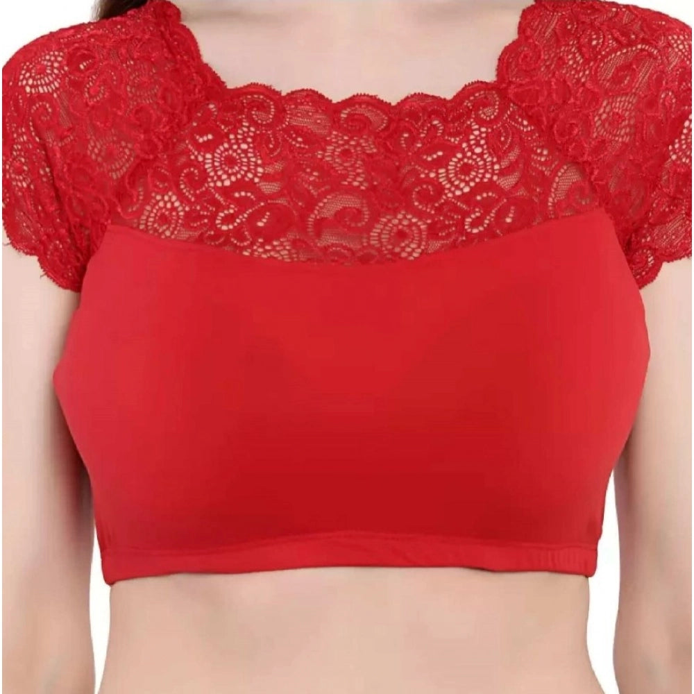 Red cotton-lycra short sleeve blouse, designer neck, free size, hand wash only