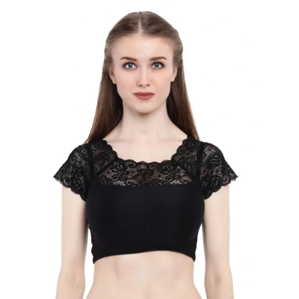 Black cotton lycra women's blouse, short sleeves, designer neck, hand wash only, suitable for 30"-40" bust size