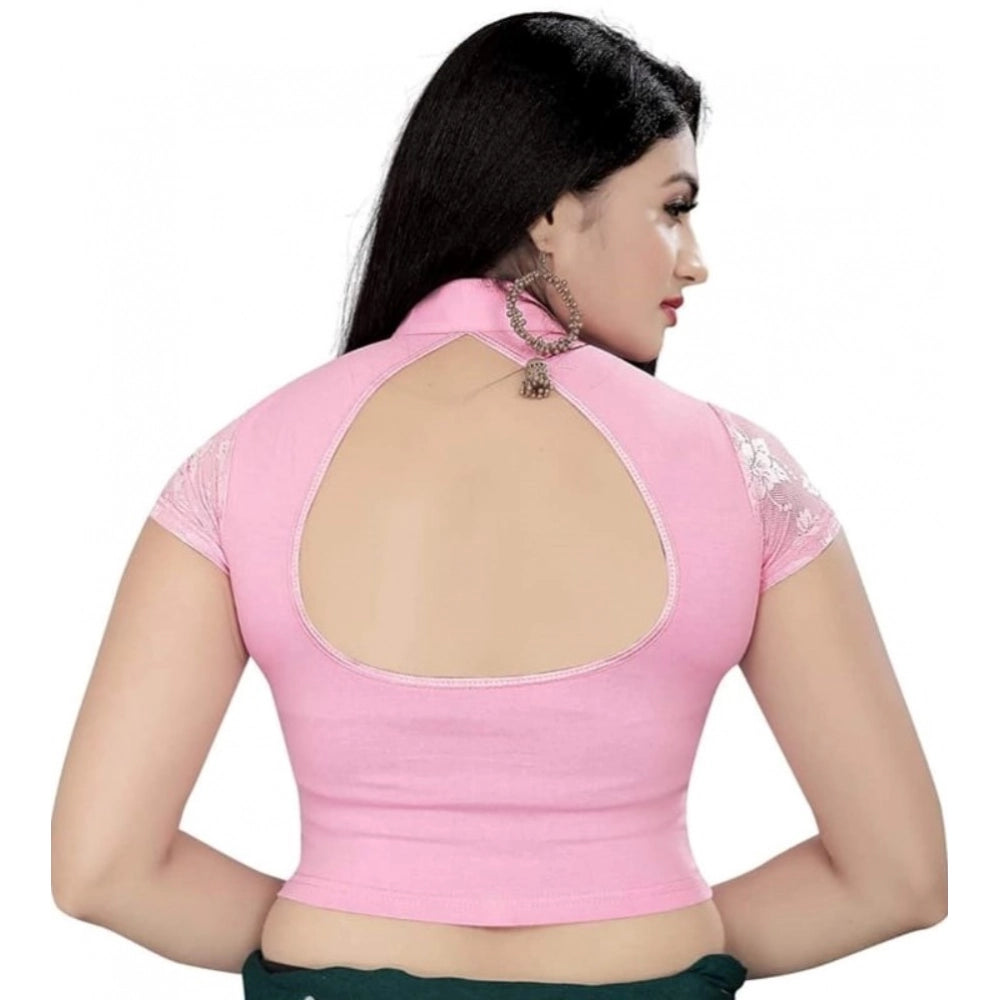 Women's baby pink cotton lycra short sleeve blouse, close neck, hand wash only, fits 30"-40" bust size