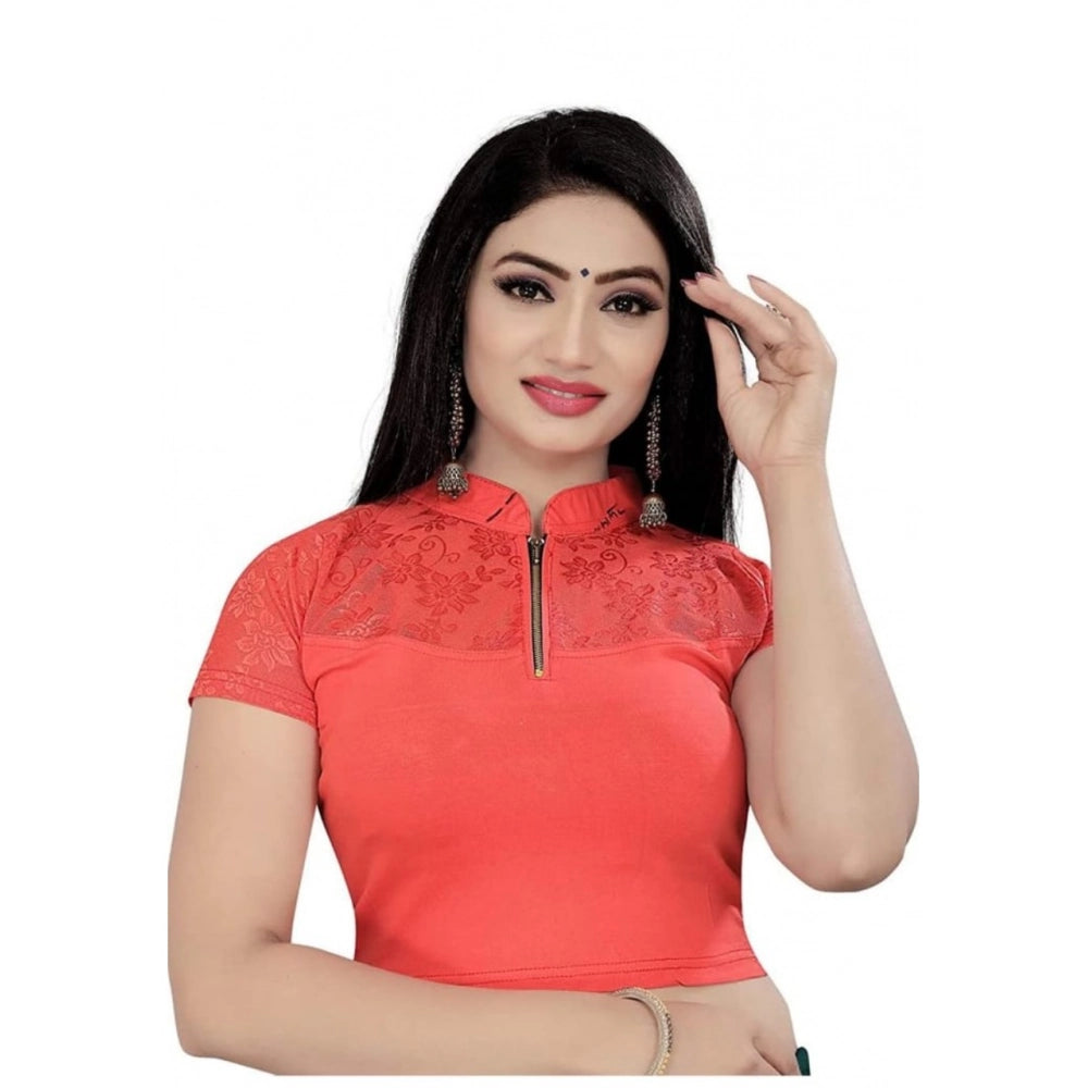 Orange cotton lycra readymade blouse, short sleeves, close neck. Women's casual fashion wear, hand wash only