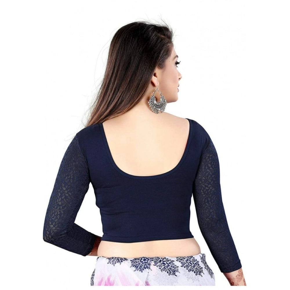 Navy Blue Cotton Lycra Readymade Blouse with 3/4 sleeves, suitable for free size (30-40" bust)