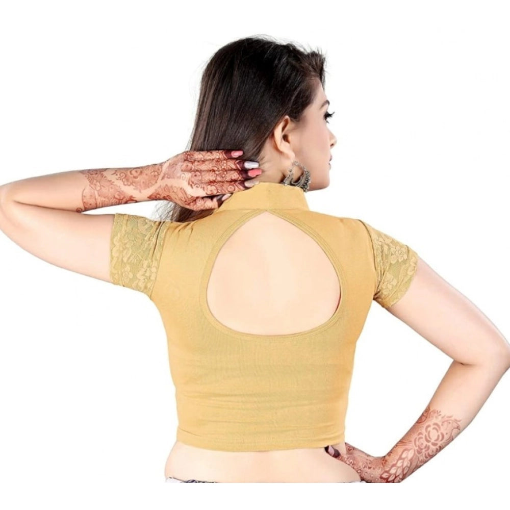 Beige cotton lycra readymade blouse, short sleeve, close neck, hand wash only, fits 30-40 inch bust size