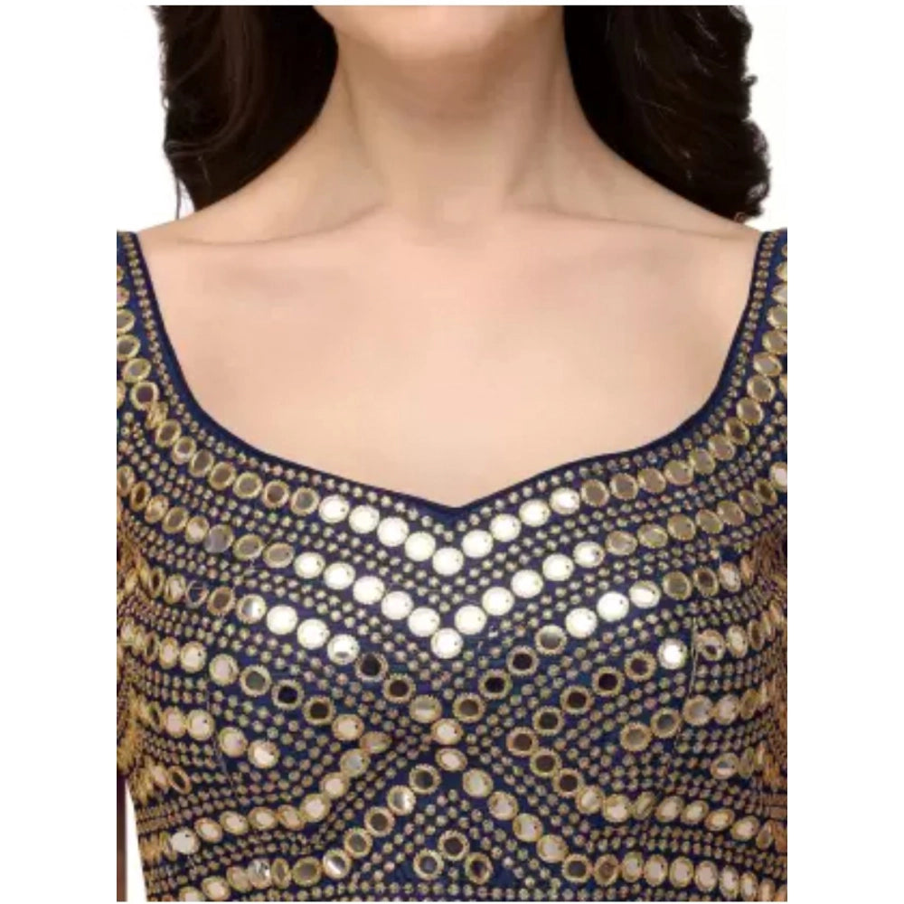 Navy Blue Embroidered Cotton Lycra Readymade Blouse, padded with embroidered sleeves and sweetheart neckline for women. Hand wash only, fits 30" to 40" bust size