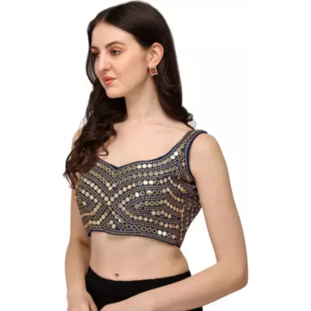 Navy Blue Embroidered Cotton Lycra Readymade Blouse, padded with sweetheart neck, hand-wash only for sizes 30"-40" bust