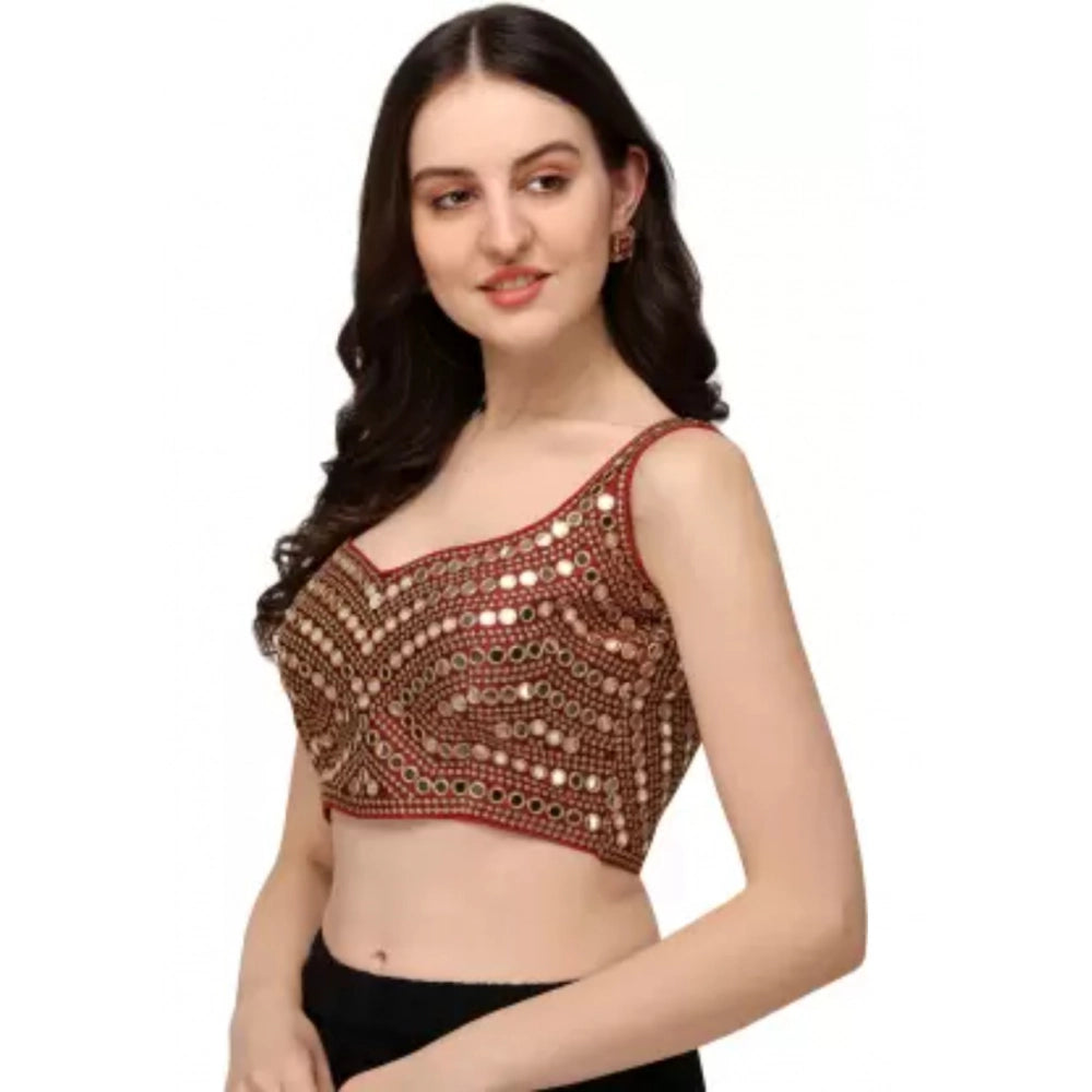 Maroon embroidered cotton-lycra padded blouse, free size for women with embellished sleeves and sweetheart neckline, hand wash only