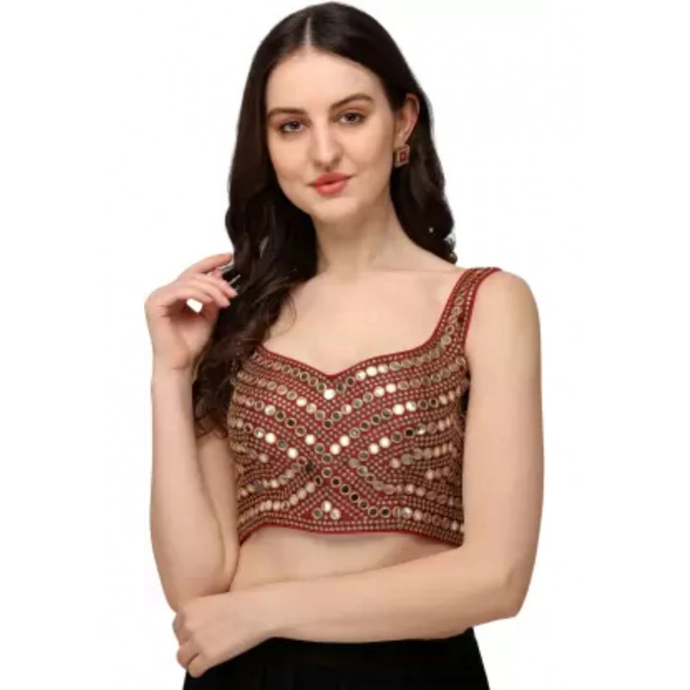 Maroon embroidered cotton lycra padded blouse, perfect for women's casual wear. Hand wash only
