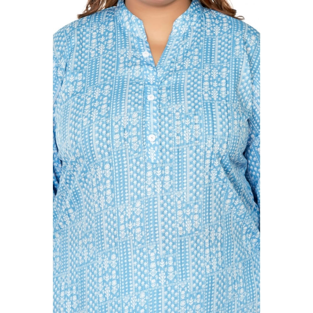 Women's Casual 3/4th Sleeve Full printed Imported Synthetix Straight Kurti (Blue)