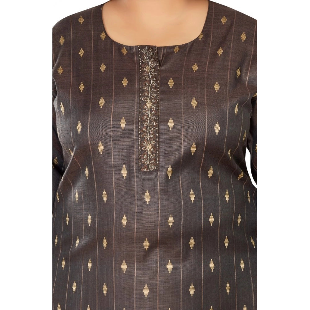 Women's Casual 3/4th Sleeve Golden Embroided Cotton Mix Straight Kurti (Dark Grey)