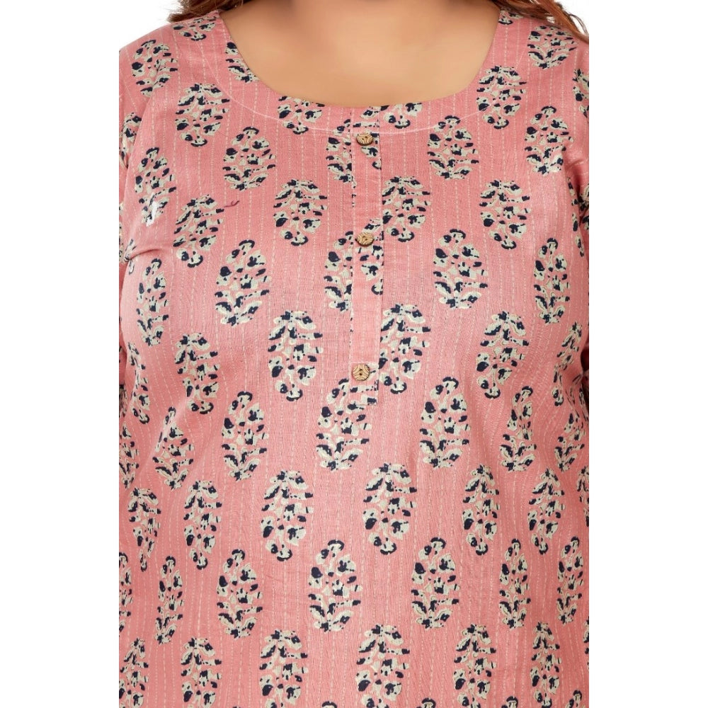 Women's Casual 3/4th Sleeve Golden Foil Printed Pure Cotton Straight Kurti (Corel Pink)