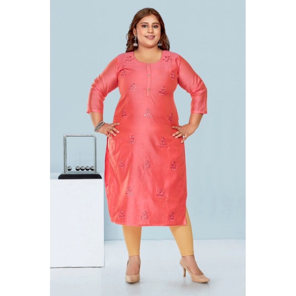 Women's Casual 3/4th Sleeve Mirror Embroided Rayon Straight Kurti (Pink)