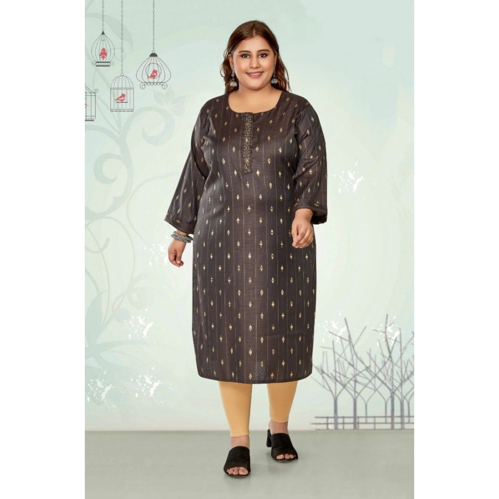 Women's Casual 3/4th Sleeve Golden Embroided Cotton Mix Straight Kurti (Dark Grey)