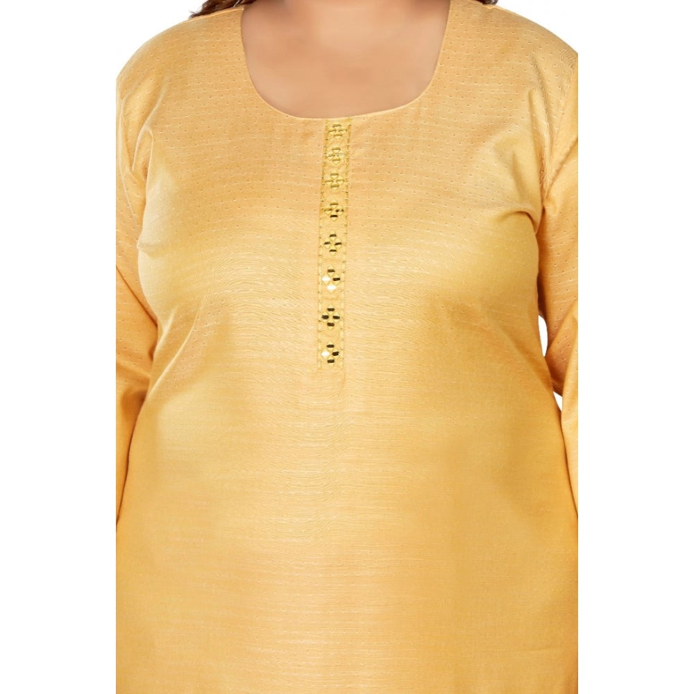 Women's Casual 3/4th Sleeve Mirror Embroided Rayon Straight Kurti (Tan)
