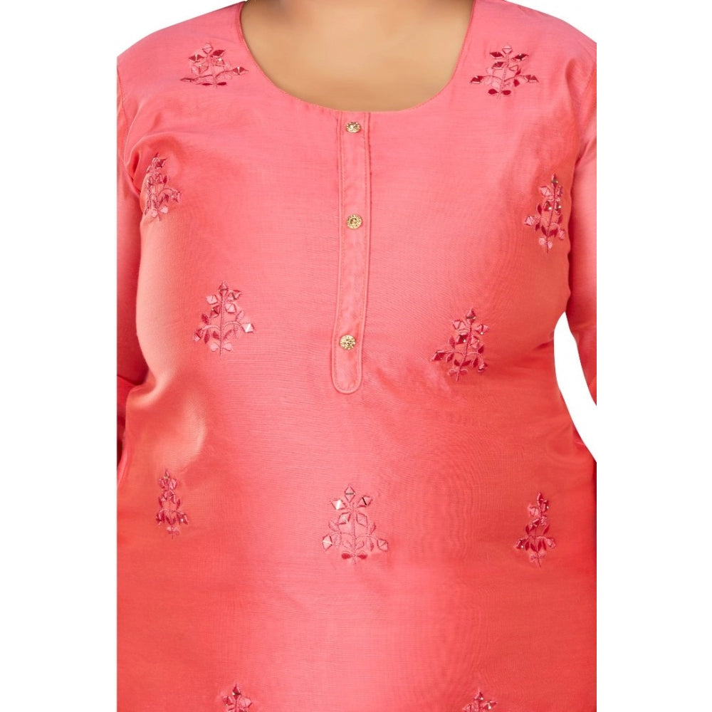 Women's Casual 3/4th Sleeve Mirror Embroided Rayon Straight Kurti (Pink)