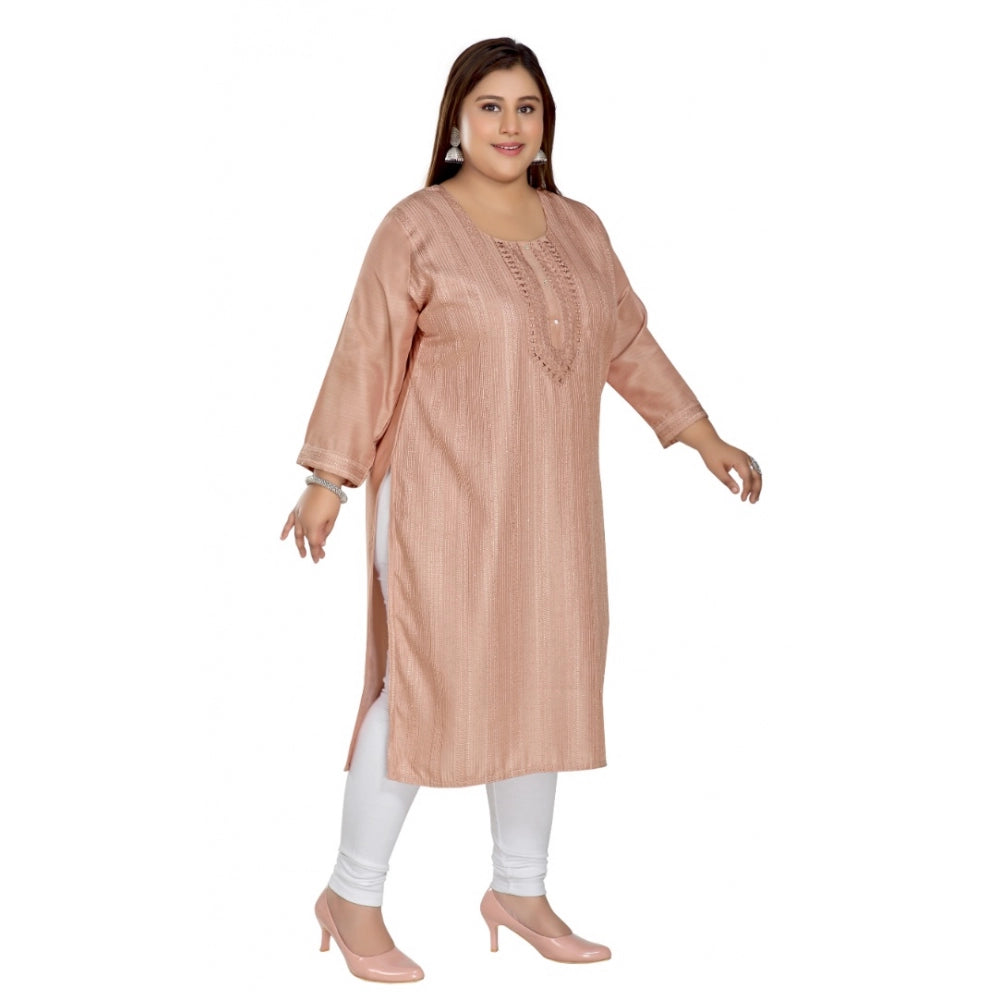 Women's Casual 3/4th Sleeve Imported Fabric Self Embroidered Straight Kurti With Lining (Corel Pink)