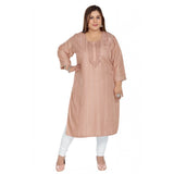 Women's Casual 3/4th Sleeve Imported Fabric Self Embroidered Straight Kurti With Lining (Corel Pink)