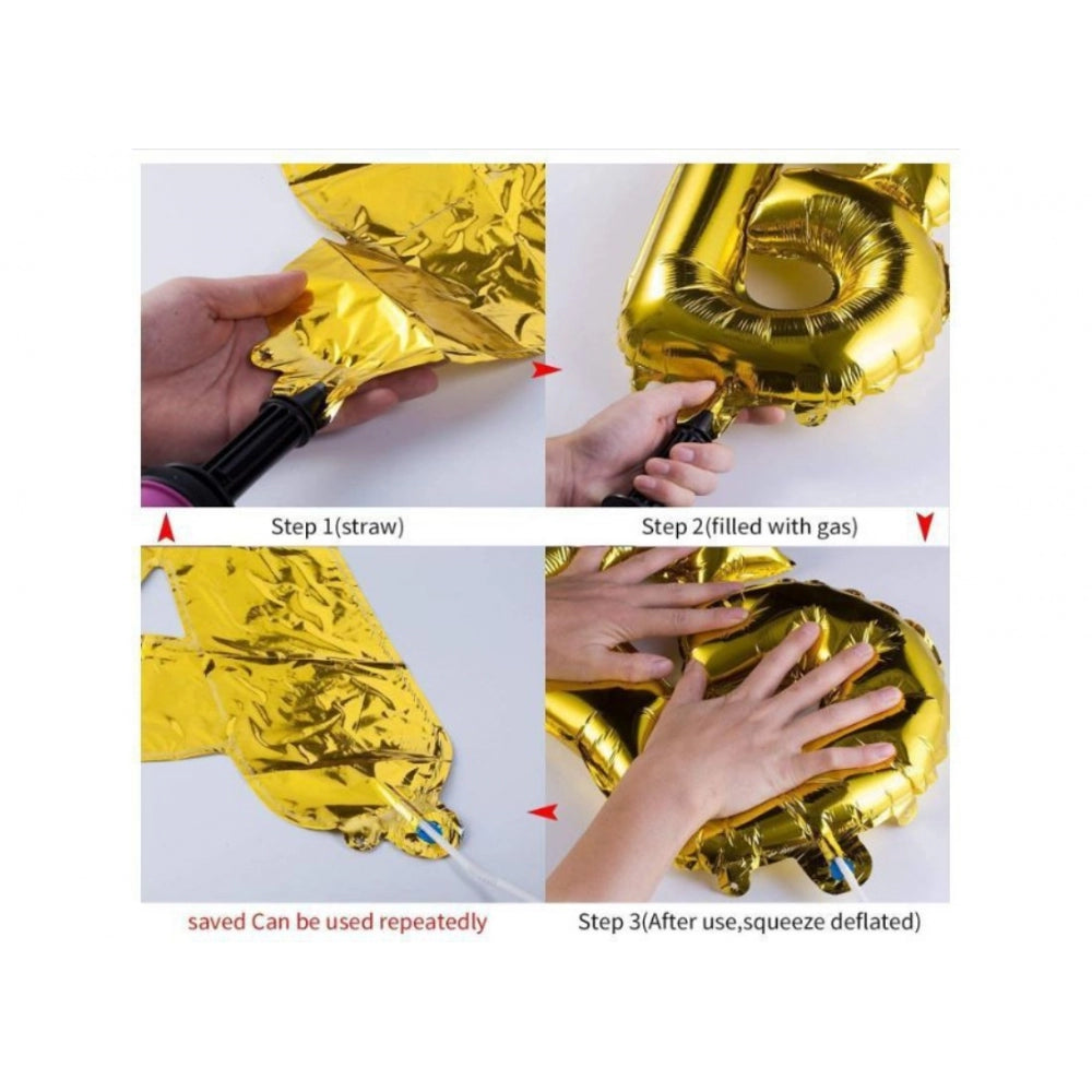 Metallic balloon anniversary decor set: Multicolor foil balloons, golden banner, LED light, safe for children