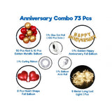 Red and golden Happy Anniversary decorations set with multicolor metallic balloons, eco-friendly and safe for children's parties
