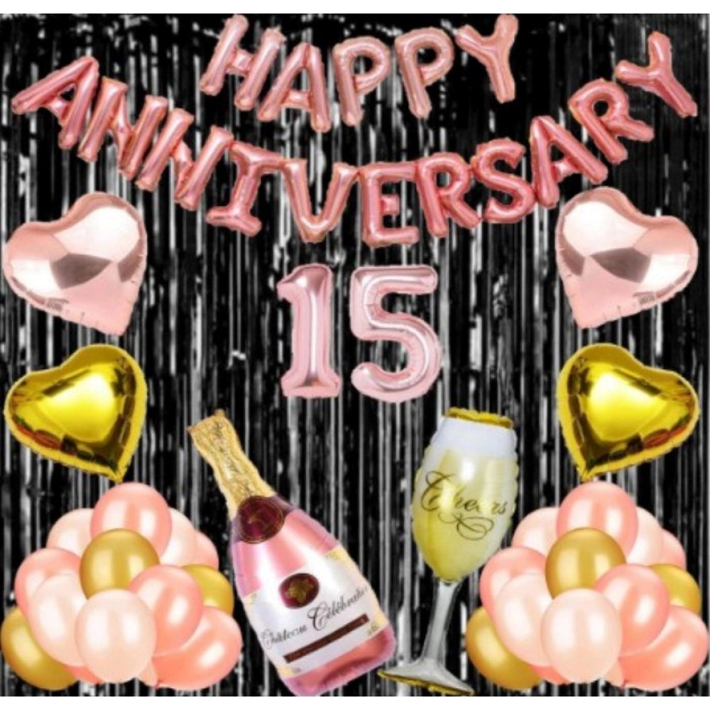 15Th Anniversary Rose Gold Foil Balloons With Happy Decoration Items Set (Rose Gold) - GillKart
