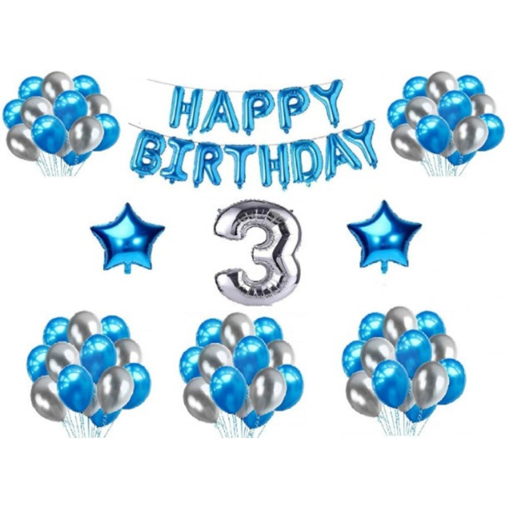 Blue & Silver Foil Balloons Birthday Decoration Combo with Number 3