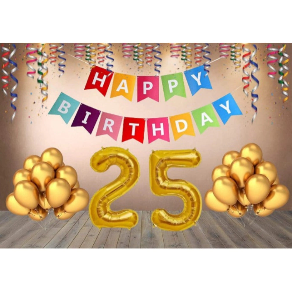 25th Happy Birthday banner with golden balloons and multi-color streamer backdrop.