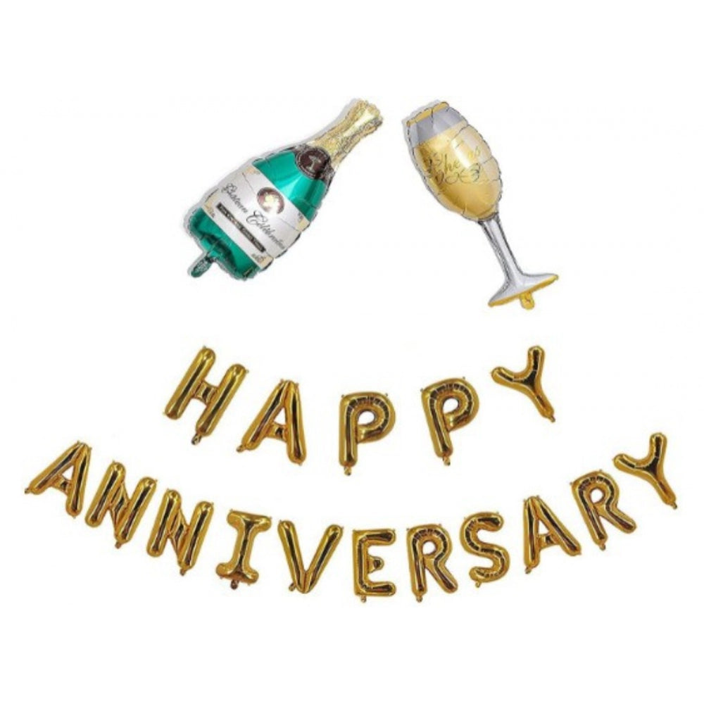 Multicolor Happy Anniversary alphabet foil balloon combo with bottle & cheersglass, eco-friendly, non-toxic, perfect for birthdays