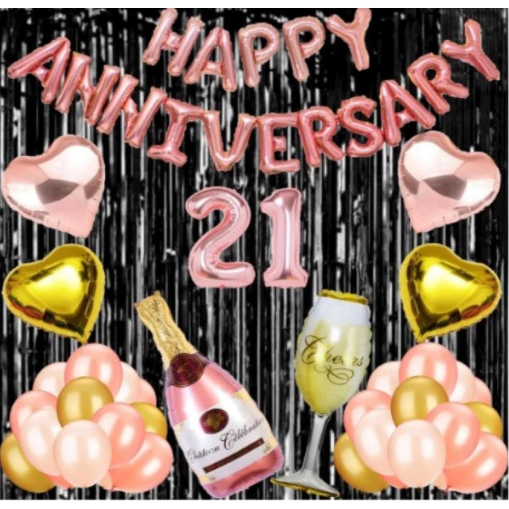 21St Anniversary Rose Gold Foil Balloons With Happy Decoration Items Set (Rose Gold) - GillKart