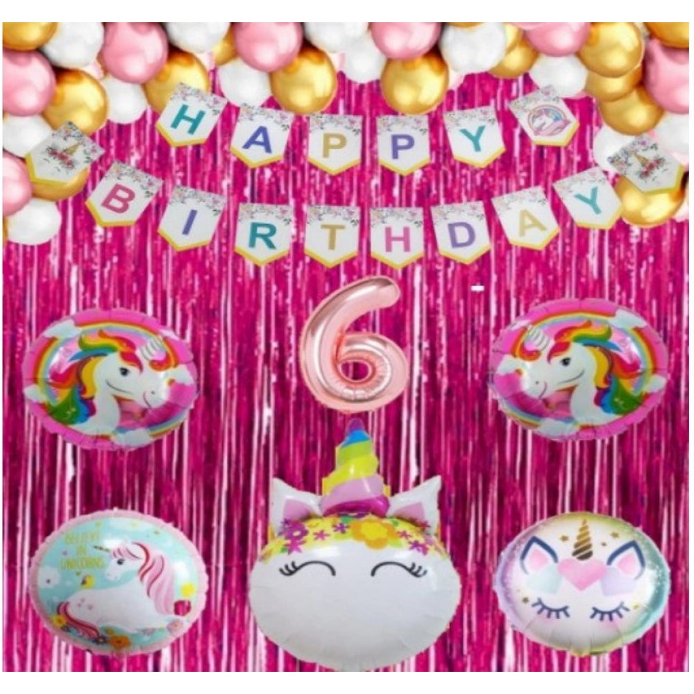 Multicolor Happy Birthday Unicorn Foil Balloon Combo with 6th Birthday banner, fringe curtain, metallic balloons (pink, white, gold), eco-friendly & safe for children