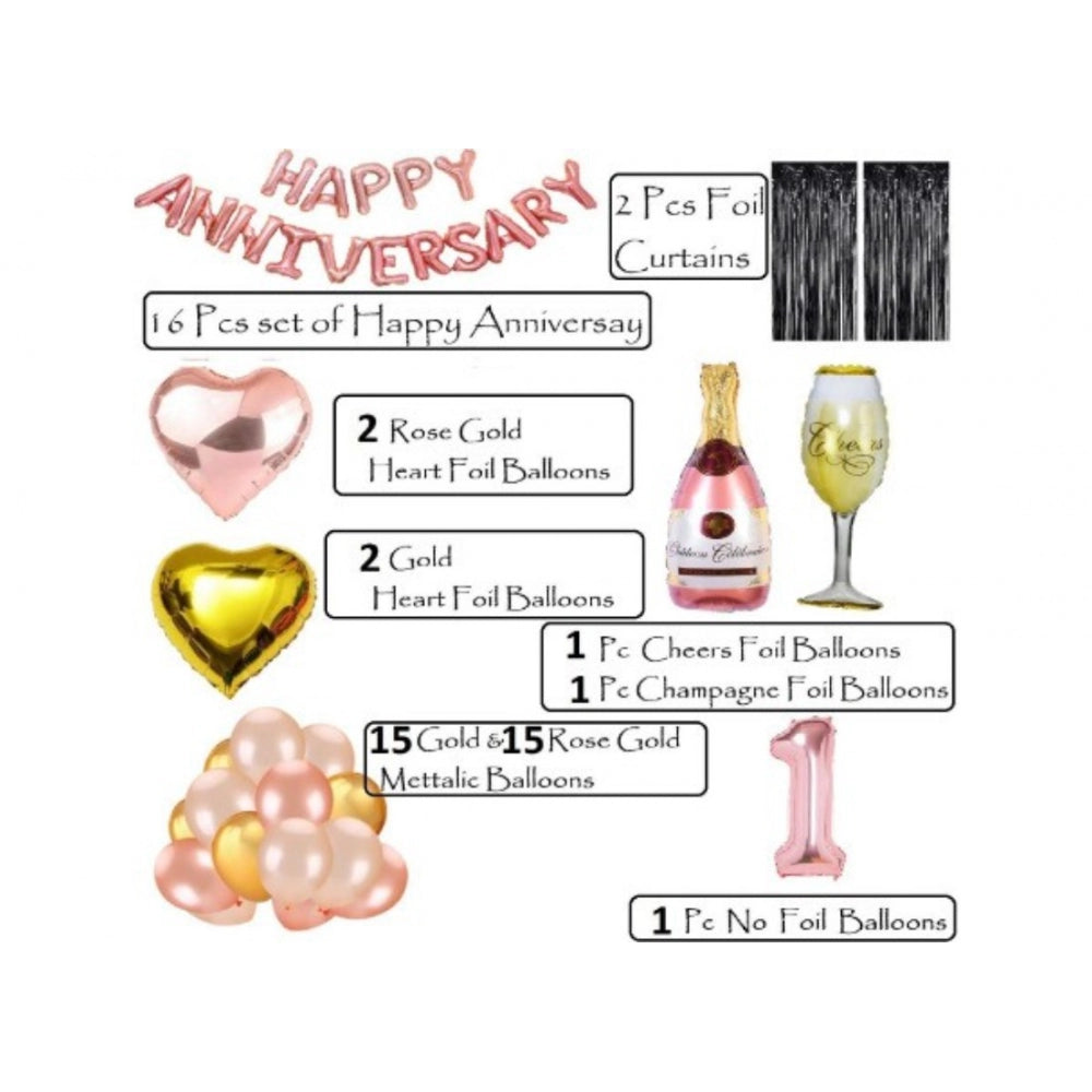 1St Anniversary Rose Gold Foil Balloons With Happy Decoration Items Set (Multicolor) - GillKart