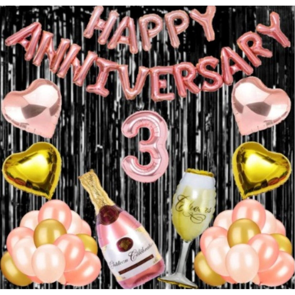 3Rd Anniversary Rose Gold Foil Balloons With Happy Decoration Items Set (Rose Gold) - GillKart