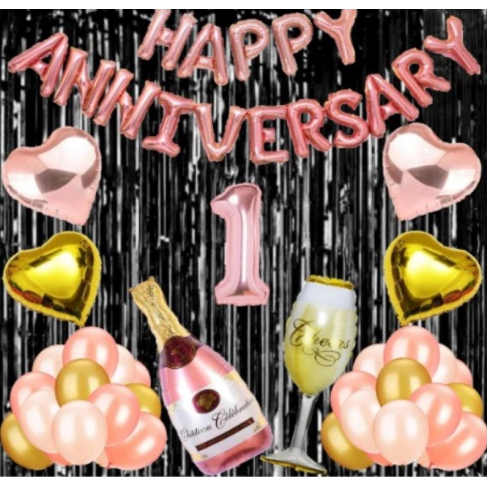 1St Anniversary Rose Gold Foil Balloons With Happy Decoration Items Set (Multicolor) - GillKart