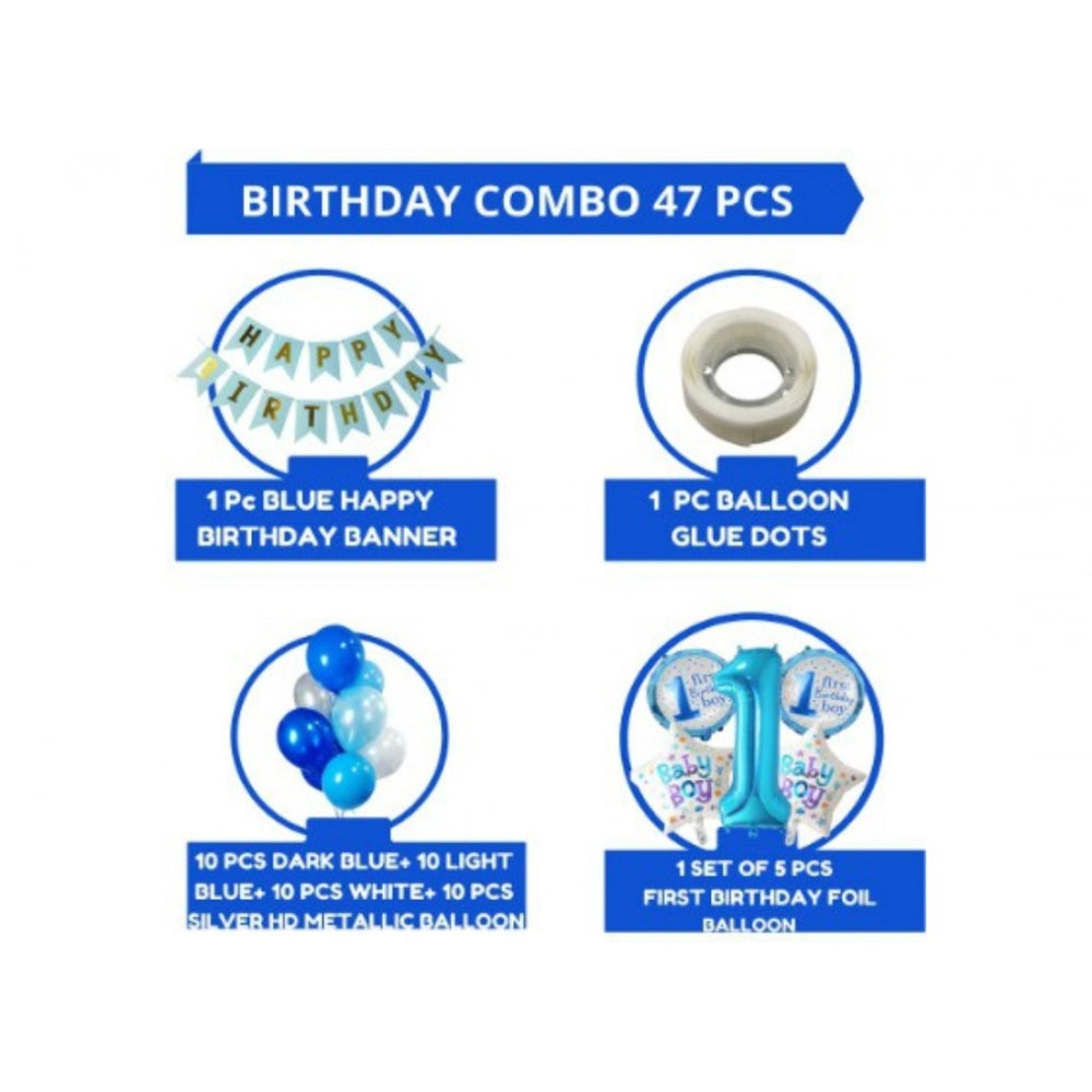 Blue 1st Birthday Boy theme decorations kit with foil balloons and confetti.
