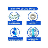 Blue 1st Birthday Boy theme decorations kit with foil balloons and confetti.