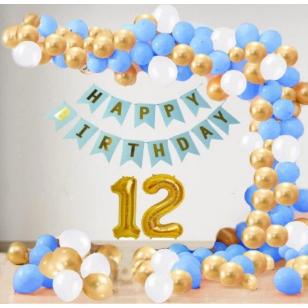 Blue and gold birthday balloon decoration kit with "12" banner and balloons.