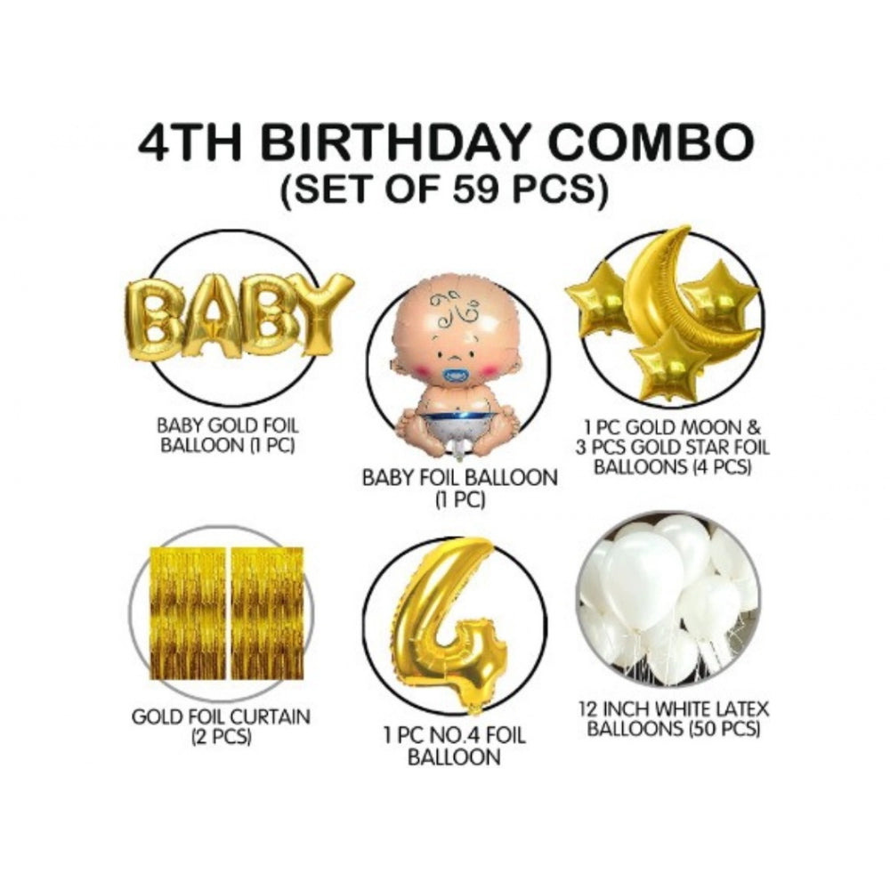 Multi-colored 4th Birthday decor combo: BABY letter foil balloon, number 4 golden foil, star & moon foil, metallic balloons - non-toxic, eco-friendly, safe for kids' celebrations