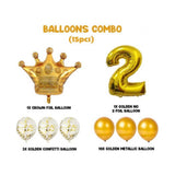 Golden foil "2" birthday balloons with crown, 15pc confetti metallic balloon set.
