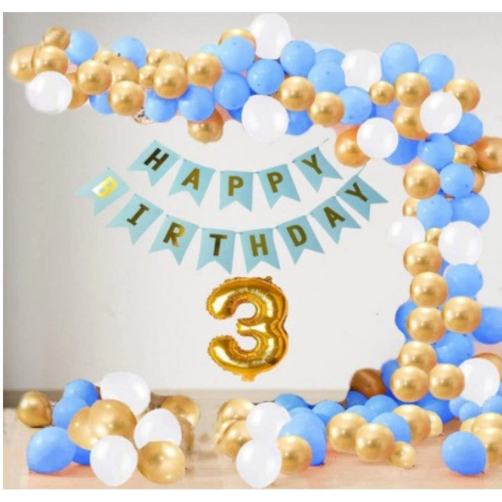 Blue eco-friendly decoration kit for 3rd year boy and girl with banner and balloons. Set includes non-toxic multicolor balloons (20 golden, 20 white, 20 blue) and a blue happy birthday banner